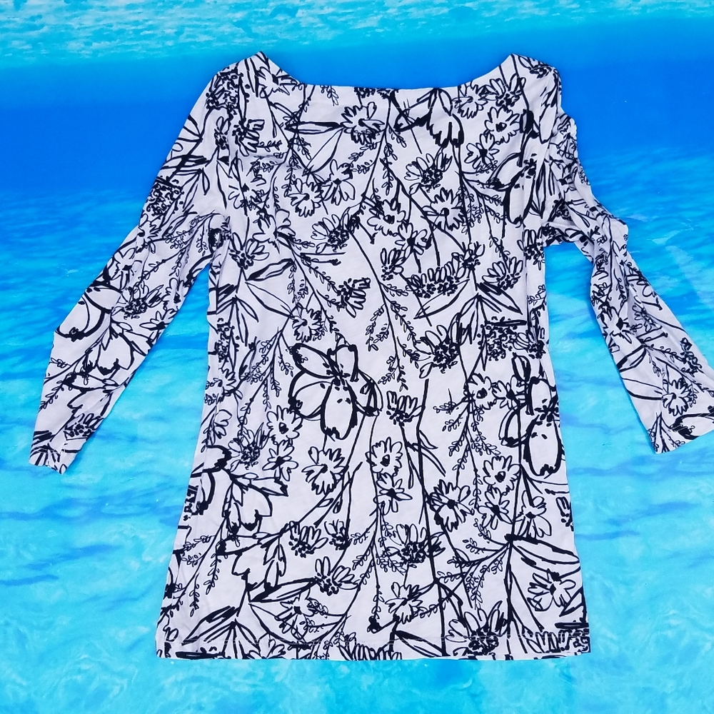 Loft boat neck 3/4 sleeve 100% cotton top shirt modern white black floral print